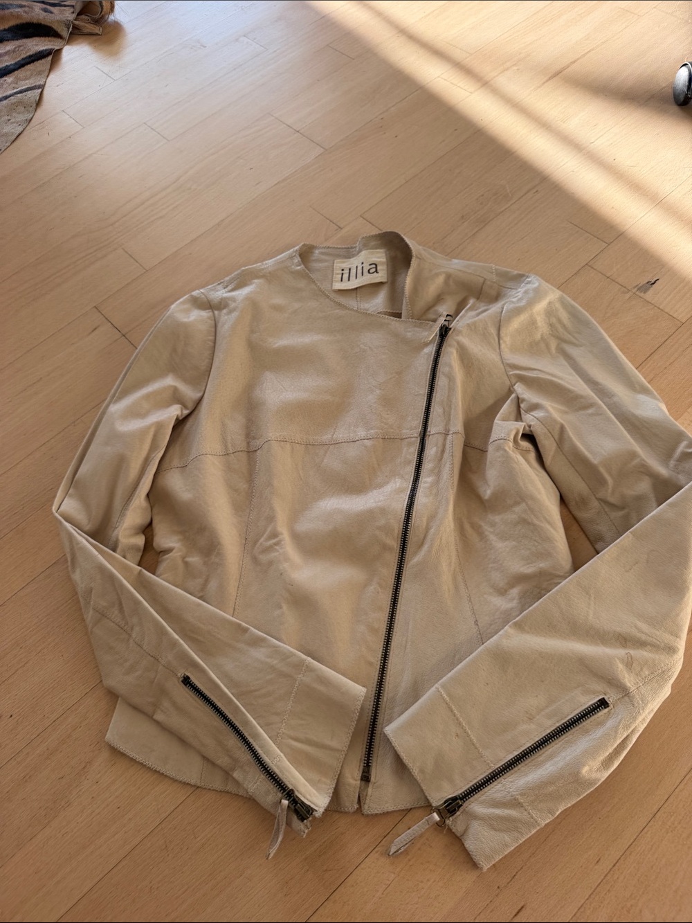 ILIA Cream Leather Asymmetric Zip Jacket